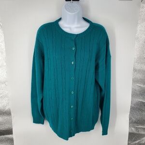 Vintage Fabbriano Women 40 Cable Knit Cardigan Sweater Teal Blue 100% Acrylic